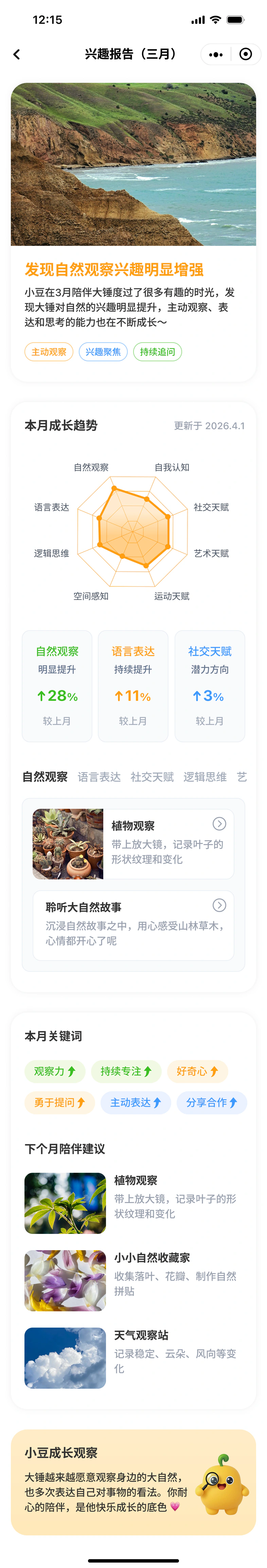 家长端兴趣报告设计示例,包含成长趋势、兴趣关键词及陪伴建议。
